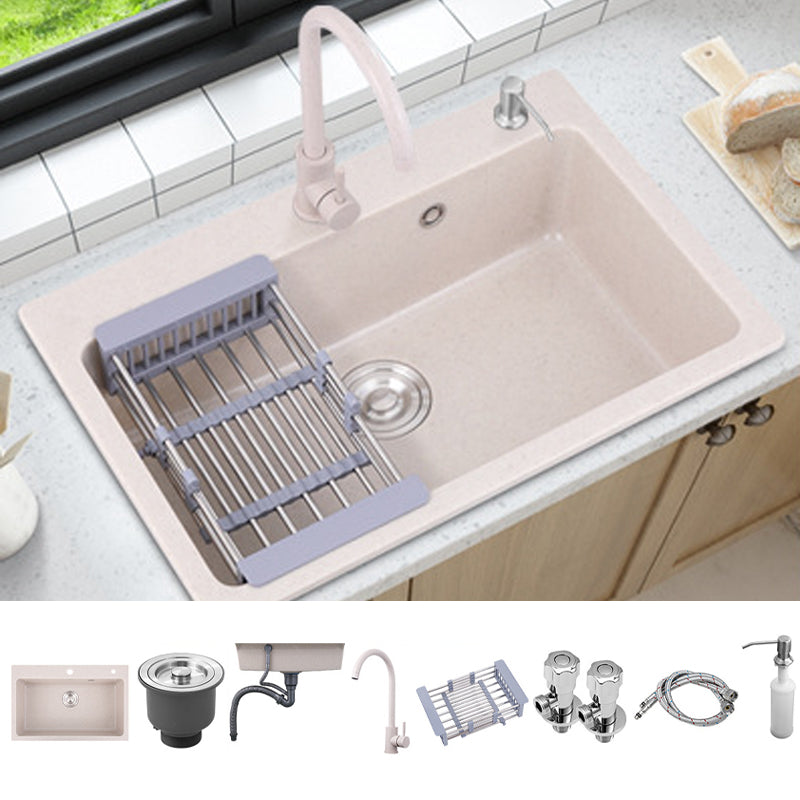 Drop-In Quartz Kitchen Sink Single Bowl Kitchen Sink in White Sink with Faucet Round Faucet Clearhalo 'Home Improvement' 'home_improvement' 'home_improvement_kitchen_sinks' 'Kitchen Remodel & Kitchen Fixtures' 'Kitchen Sinks & Faucet Components' 'Kitchen Sinks' 'kitchen_sinks' 6150094
