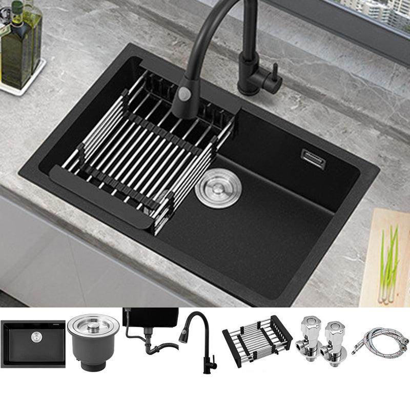 Black Quartz Sink Drop-In Kitchen Sink with with Drain Assembly 26"L x 18"W x 9"H Sink with Faucet Pull Out Faucet Clearhalo 'Home Improvement' 'home_improvement' 'home_improvement_kitchen_sinks' 'Kitchen Remodel & Kitchen Fixtures' 'Kitchen Sinks & Faucet Components' 'Kitchen Sinks' 'kitchen_sinks' 6150310