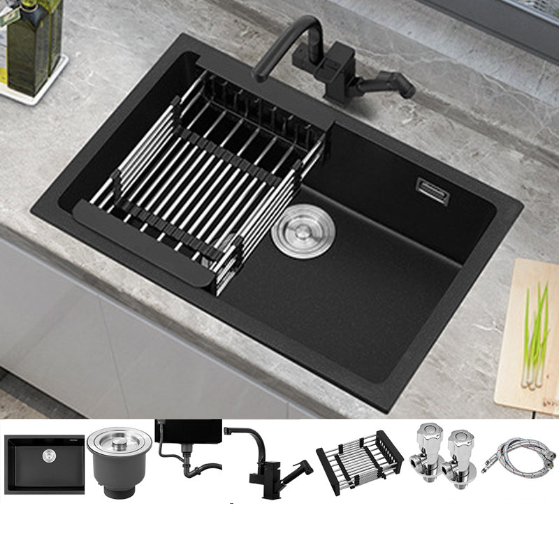Black Quartz Sink Drop-In Kitchen Sink with with Drain Assembly 26"L x 18"W x 9"H Sink with Faucet Spray Gun Faucet Clearhalo 'Home Improvement' 'home_improvement' 'home_improvement_kitchen_sinks' 'Kitchen Remodel & Kitchen Fixtures' 'Kitchen Sinks & Faucet Components' 'Kitchen Sinks' 'kitchen_sinks' 6150313