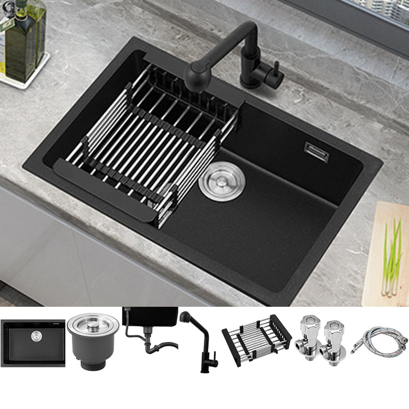 Black Quartz Sink Drop-In Kitchen Sink with with Drain Assembly 26"L x 18"W x 9"H Sink with Faucet Straight Pull-Out Faucet Clearhalo 'Home Improvement' 'home_improvement' 'home_improvement_kitchen_sinks' 'Kitchen Remodel & Kitchen Fixtures' 'Kitchen Sinks & Faucet Components' 'Kitchen Sinks' 'kitchen_sinks' 6150317