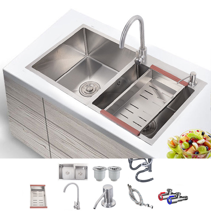 Stainless Steel Contemporary Sink for Kitchen Double Drop-In Kitchen Sink Sink with Faucet Round Faucet Clearhalo 'Home Improvement' 'home_improvement' 'home_improvement_kitchen_sinks' 'Kitchen Remodel & Kitchen Fixtures' 'Kitchen Sinks & Faucet Components' 'Kitchen Sinks' 'kitchen_sinks' 6150477
