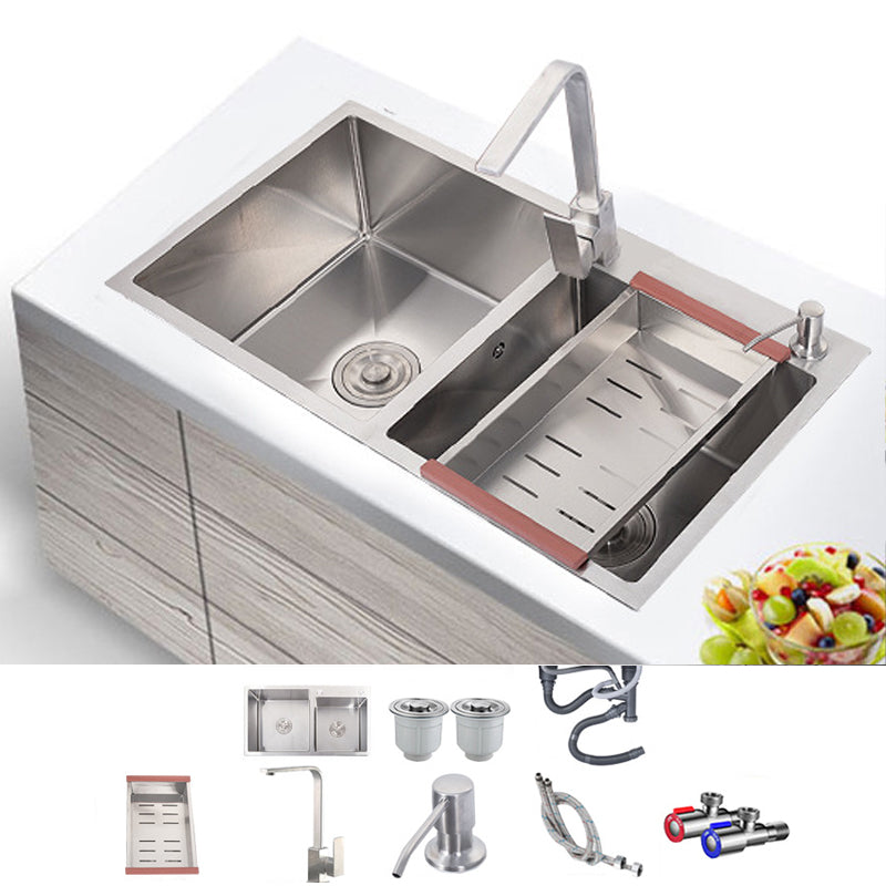 Stainless Steel Contemporary Sink for Kitchen Double Drop-In Kitchen Sink Sink with Faucet Square Faucet Clearhalo 'Home Improvement' 'home_improvement' 'home_improvement_kitchen_sinks' 'Kitchen Remodel & Kitchen Fixtures' 'Kitchen Sinks & Faucet Components' 'Kitchen Sinks' 'kitchen_sinks' 6150480