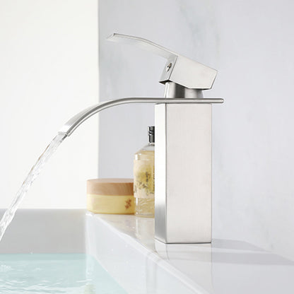 Waterfall Spout Sink Bathroom Faucet Light Luxury Basin Lavatory Faucet Silver Gray 6.9" Clearhalo 'Bathroom Remodel & Bathroom Fixtures' 'Bathroom Sink Faucets' 'Bathroom Sinks & Faucet Components' 'bathroom_sink_faucets' 'Home Improvement' 'home_improvement' 'home_improvement_bathroom_sink_faucets' 6150668