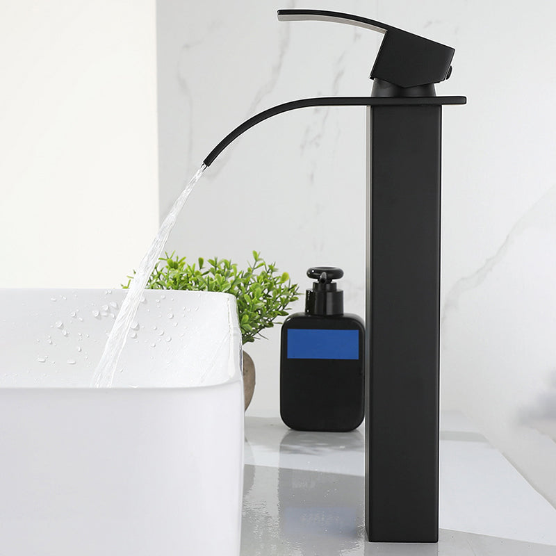 Waterfall Spout Sink Bathroom Faucet Light Luxury Basin Lavatory Faucet Black 12" Clearhalo 'Bathroom Remodel & Bathroom Fixtures' 'Bathroom Sink Faucets' 'Bathroom Sinks & Faucet Components' 'bathroom_sink_faucets' 'Home Improvement' 'home_improvement' 'home_improvement_bathroom_sink_faucets' 6150669