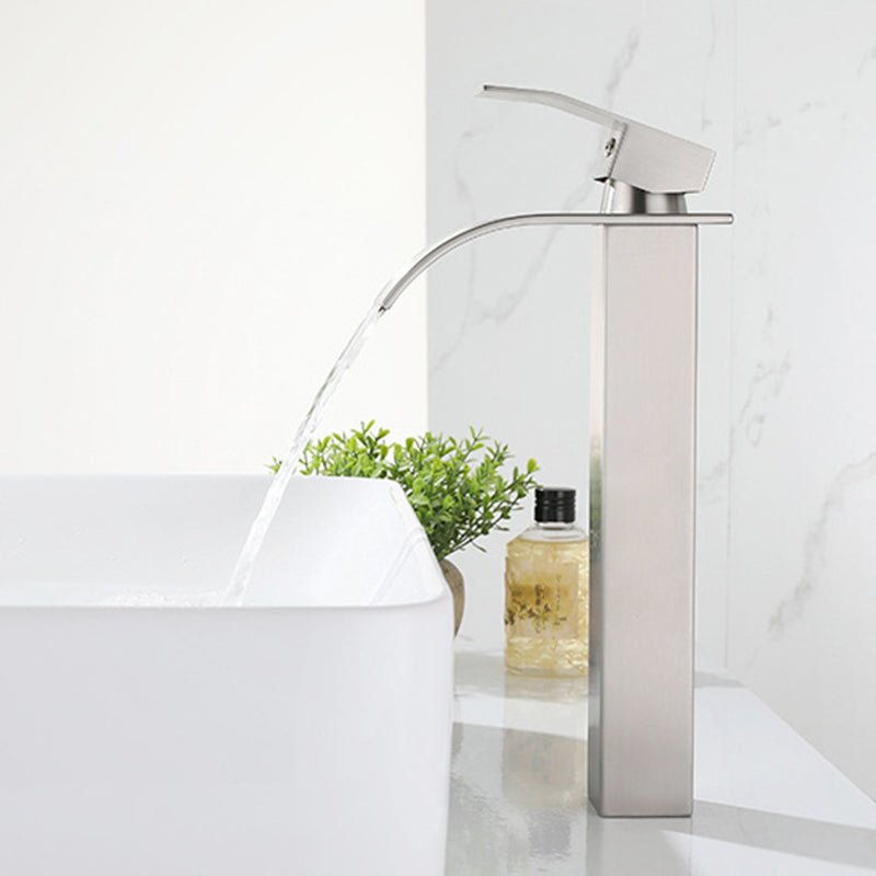 Waterfall Spout Sink Bathroom Faucet Light Luxury Basin Lavatory Faucet Silver Gray 12" Clearhalo 'Bathroom Remodel & Bathroom Fixtures' 'Bathroom Sink Faucets' 'Bathroom Sinks & Faucet Components' 'bathroom_sink_faucets' 'Home Improvement' 'home_improvement' 'home_improvement_bathroom_sink_faucets' 6150673