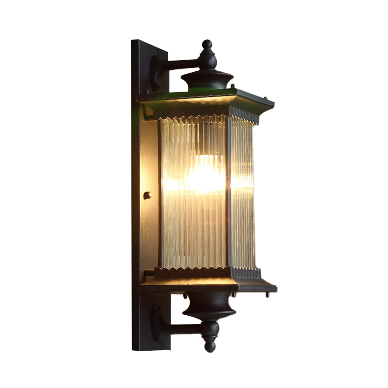 Cuboid Outdoor Sconce Light Country Clear Ribbed Glass 1-Head Black/Bronze/Coffee Wall Lamp for Gate Clearhalo 'Wall Lamps & Sconces' 'Wall Lights' Lighting' 615547