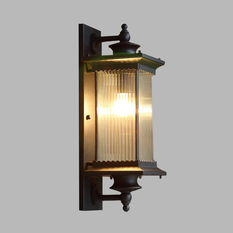 Cuboid Outdoor Sconce Light Country Clear Ribbed Glass 1-Head Black/Bronze/Coffee Wall Lamp for Gate Clearhalo 'Wall Lamps & Sconces' 'Wall Lights' Lighting' 615548