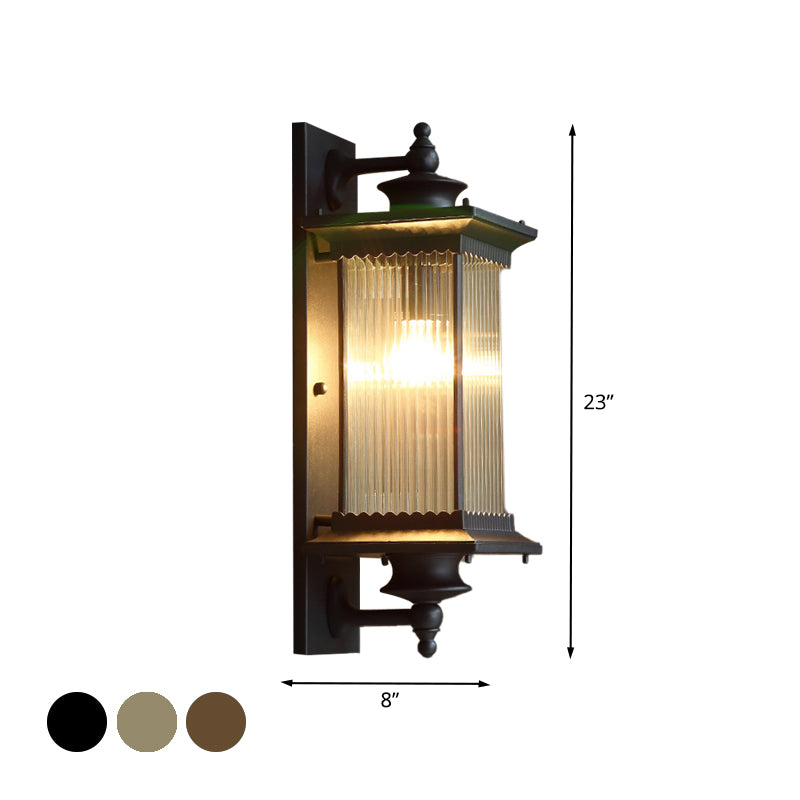 Cuboid Outdoor Sconce Light Country Clear Ribbed Glass 1-Head Black/Bronze/Coffee Wall Lamp for Gate Clearhalo 'Wall Lamps & Sconces' 'Wall Lights' Lighting' 615549