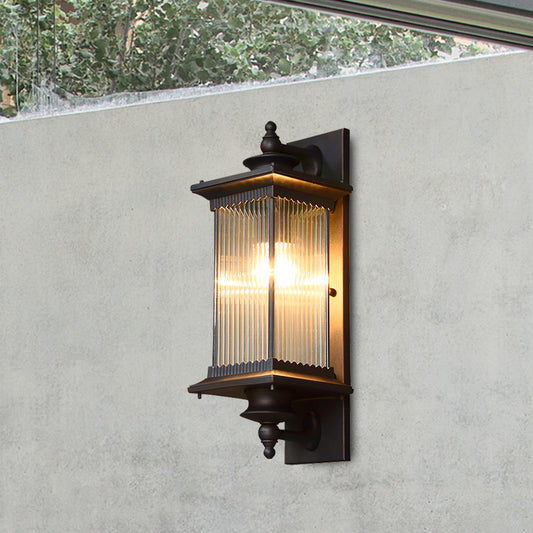 Cuboid Outdoor Sconce Light Country Clear Ribbed Glass 1-Head Black/Bronze/Coffee Wall Lamp for Gate Clearhalo 'Wall Lamps & Sconces' 'Wall Lights' Lighting' 615551