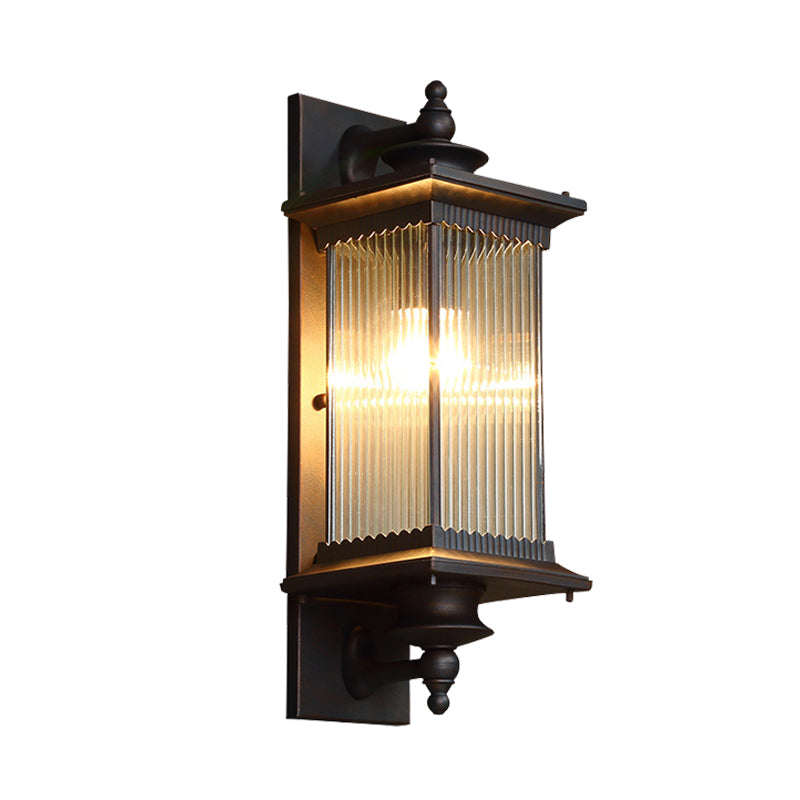 Cuboid Outdoor Sconce Light Country Clear Ribbed Glass 1-Head Black/Bronze/Coffee Wall Lamp for Gate Clearhalo 'Wall Lamps & Sconces' 'Wall Lights' Lighting' 615552