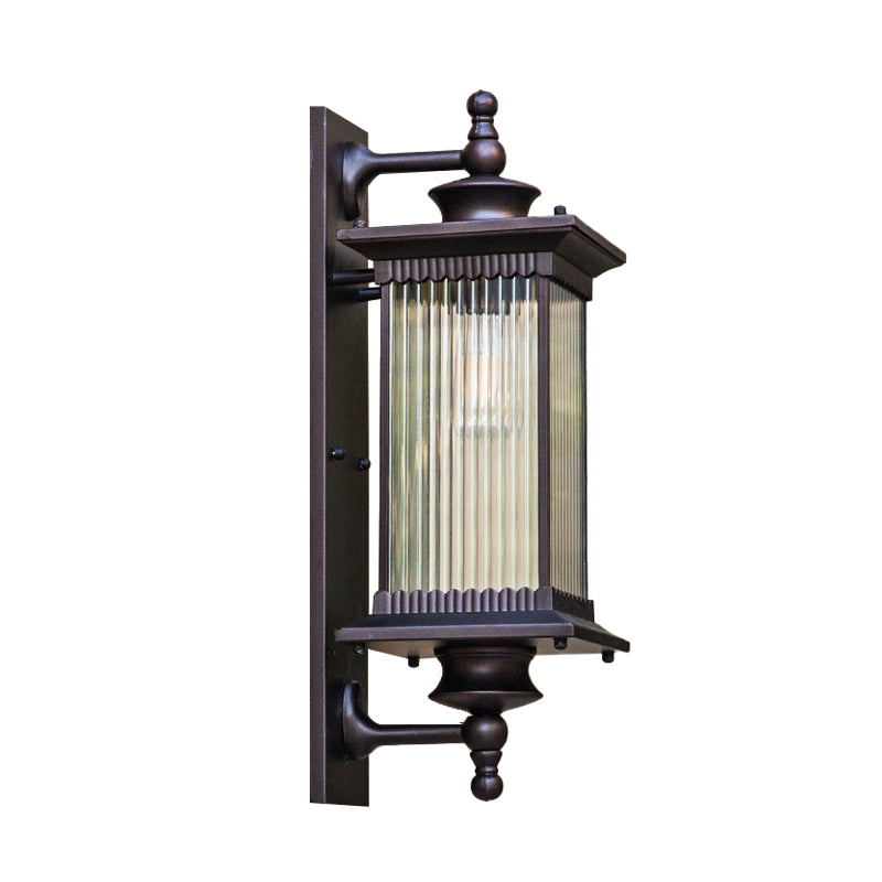 Cuboid Outdoor Sconce Light Country Clear Ribbed Glass 1-Head Black/Bronze/Coffee Wall Lamp for Gate Clearhalo 'Wall Lamps & Sconces' 'Wall Lights' Lighting' 615555