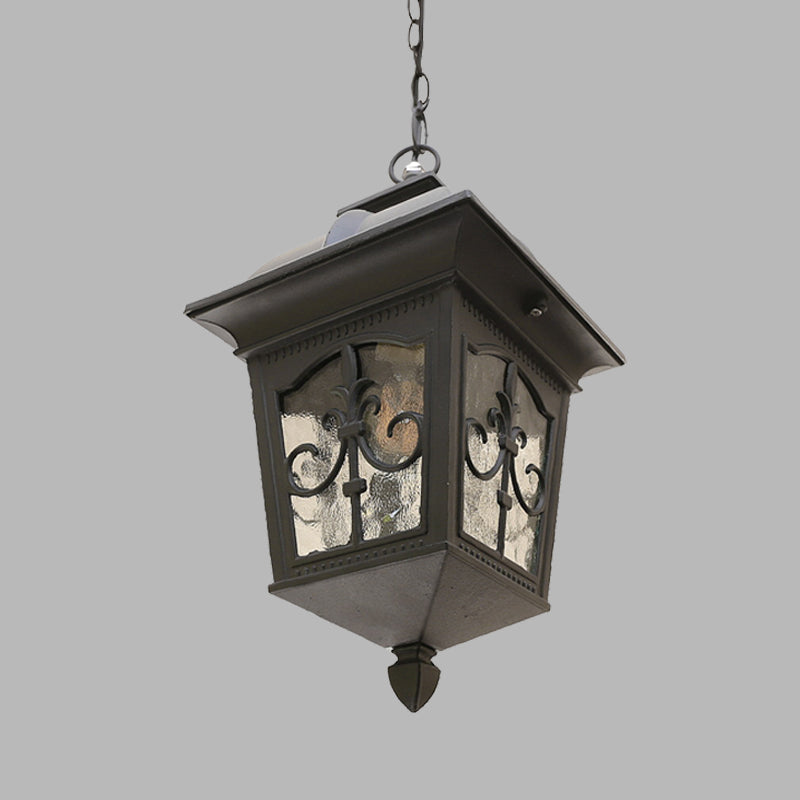 Metallic Lantern Hanging Light Lodges 1 Bulb Balcony Pendant Lamp in Black/Gold with Water Glass Shade Clearhalo 'Ceiling Lights' 'Glass shade' 'Glass' 'Pendant Lights' 'Pendants' Lighting' 615567