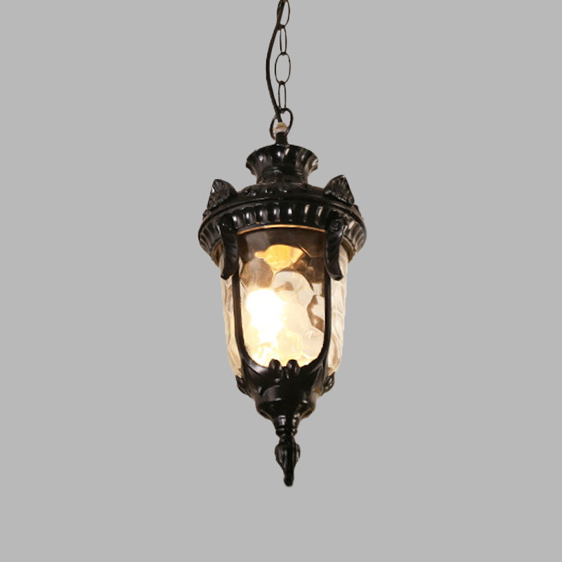 1-Head Aluminum Ceiling Light Country Black/Brass Urn Garden Hanging Lamp Fixture with Water Glass Shade Clearhalo 'Ceiling Lights' 'Glass shade' 'Glass' 'Pendant Lights' 'Pendants' Lighting' 615583