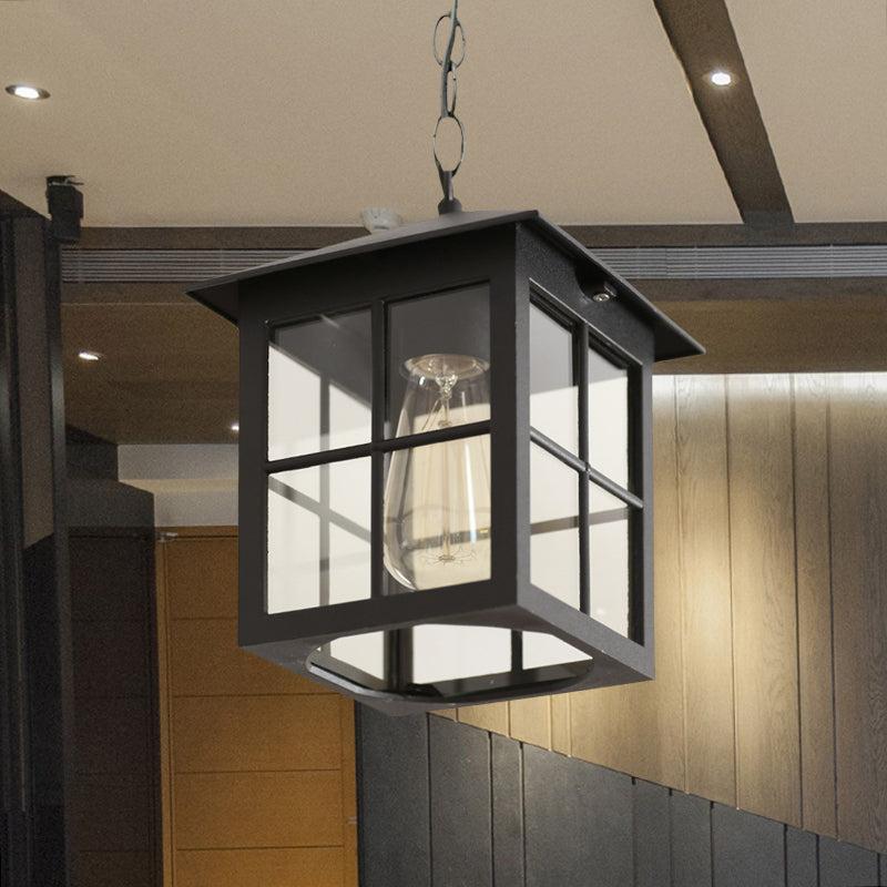 Cuboid Clear Glass Hanging Light Farmhouse 1 Bulb Courtyard Pendulum Lamp in Black/Bronze Clearhalo 'Ceiling Lights' 'Glass shade' 'Glass' 'Pendant Lights' 'Pendants' Lighting' 615599