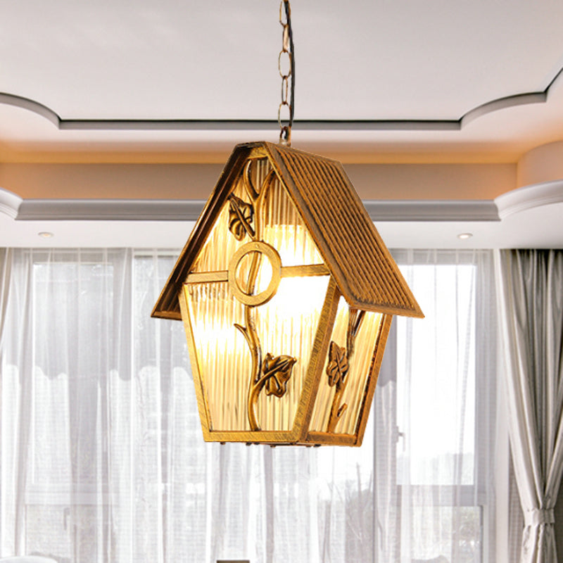 Aluminum Brass Hanging Light Kit House Shape 1-Bulb Country Ceiling Suspension Lamp with Clear/Frosted/Ribbed Glass Shade Brass Ribbed Glass Clearhalo 'Ceiling Lights' 'Close To Ceiling Lights' 'Glass shade' 'Glass' 'Pendant Lights' 'Pendants' Lighting' 615640