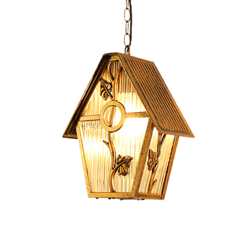 Aluminum Brass Hanging Light Kit House Shape 1-Bulb Country Ceiling Suspension Lamp with Clear/Frosted/Ribbed Glass Shade Clearhalo 'Ceiling Lights' 'Close To Ceiling Lights' 'Glass shade' 'Glass' 'Pendant Lights' 'Pendants' Lighting' 615642