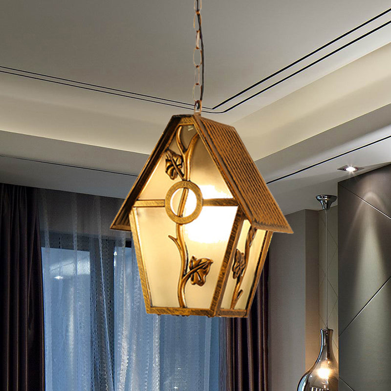 Aluminum Brass Hanging Light Kit House Shape 1-Bulb Country Ceiling Suspension Lamp with Clear/Frosted/Ribbed Glass Shade Brass Frosted Glass Clearhalo 'Ceiling Lights' 'Close To Ceiling Lights' 'Glass shade' 'Glass' 'Pendant Lights' 'Pendants' Lighting' 615643