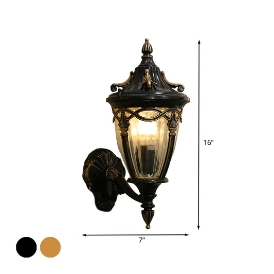 1 Bulb Urn Wall Sconce Light Loft Brass/Black Metal Wall Lamp Fixture with Clear Ribbed Glass Shade Clearhalo 'Wall Lamps & Sconces' 'Wall Lights' Lighting' 615805