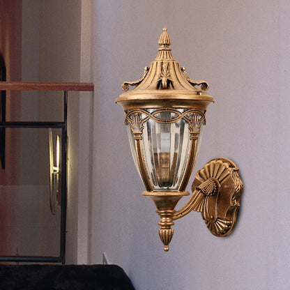 1 Bulb Urn Wall Sconce Light Loft Brass/Black Metal Wall Lamp Fixture with Clear Ribbed Glass Shade Brass Clearhalo 'Wall Lamps & Sconces' 'Wall Lights' Lighting' 615806