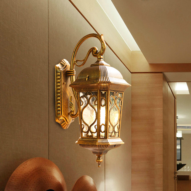 Aluminum Lantern Wall Sconce Light Farmhouse 1-Head Outdoor Wall Mounted Lighting in Black/Brass Brass Clearhalo 'Wall Lamps & Sconces' 'Wall Lights' Lighting' 615809