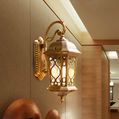 Aluminum Lantern Wall Sconce Light Farmhouse 1-Head Outdoor Wall Mounted Lighting in Black/Brass Brass Clearhalo 'Wall Lamps & Sconces' 'Wall Lights' Lighting' 615809