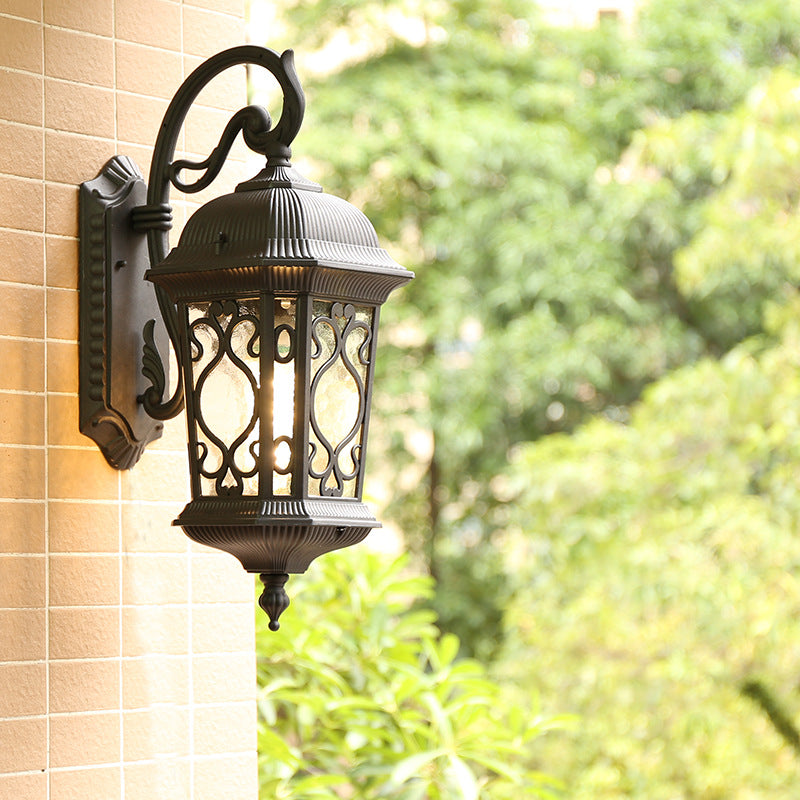 Aluminum Lantern Wall Sconce Light Farmhouse 1-Head Outdoor Wall Mounted Lighting in Black/Brass Black Clearhalo 'Wall Lamps & Sconces' 'Wall Lights' Lighting' 615814