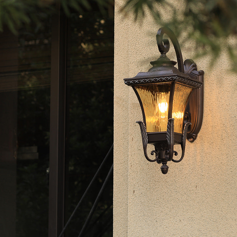 1 Bulb Aluminum Wall Sconce Country Dark Coffee Lantern Outdoor Wall Lamp with Water Glass Shade Dark Coffee Clearhalo 'Wall Lamps & Sconces' 'Wall Lights' Lighting' 615849