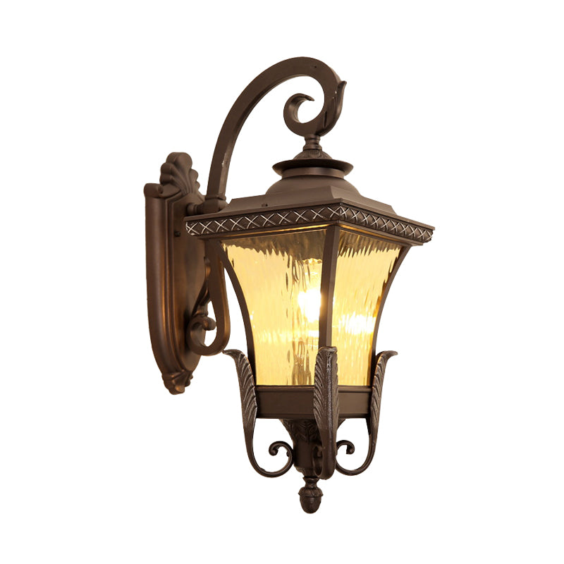 1 Bulb Aluminum Wall Sconce Country Dark Coffee Lantern Outdoor Wall Lamp with Water Glass Shade Clearhalo 'Wall Lamps & Sconces' 'Wall Lights' Lighting' 615851