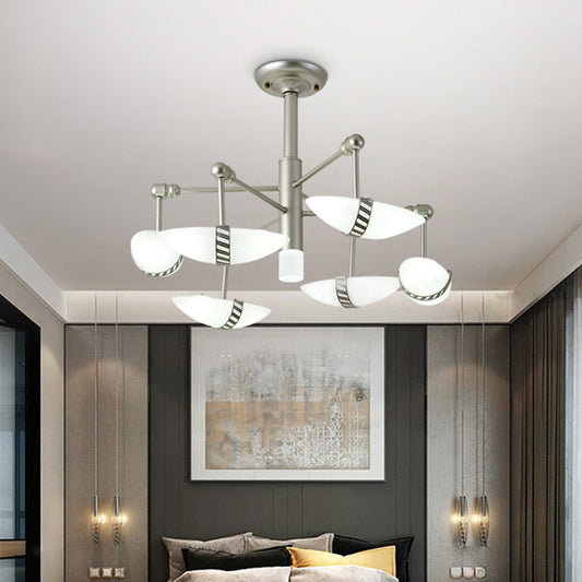 Contemporary Starburst Pendant Metal 6 Lights Bedroom Chandelier in Nickel with Sushi Shape Opal Glass Shade Nickel Clearhalo 'Ceiling Lights' 'Chandeliers' 'Modern Chandeliers' 'Modern' Lighting' 616019