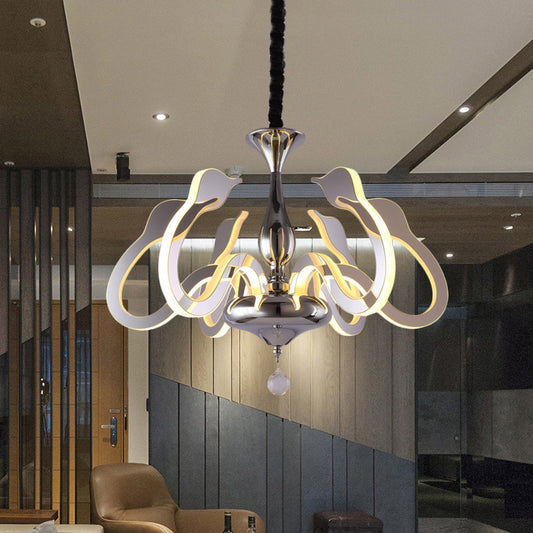 Swan Head Acrylic Chandelier Modernism 6 Bulbs Chrome Hanging Lamp in White/Warm/Natural Light with Crystal Drop Chrome Clearhalo 'Ceiling Lights' 'Chandeliers' 'Modern Chandeliers' 'Modern' Lighting' 616024