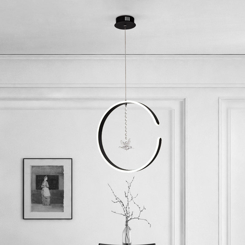 Acrylic Ring Hanging Light Kit Modern LED Black Pendant Lamp with Bird Crystal Droplet in White/Warm Light Black Clearhalo 'Ceiling Lights' 'Modern Pendants' 'Modern' 'Pendant Lights' 'Pendants' Lighting' 616034