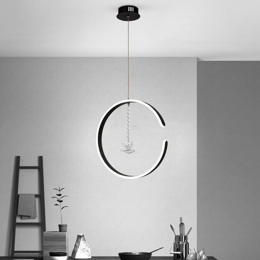 Acrylic Ring Hanging Light Kit Modern LED Black Pendant Lamp with Bird Crystal Droplet in White/Warm Light