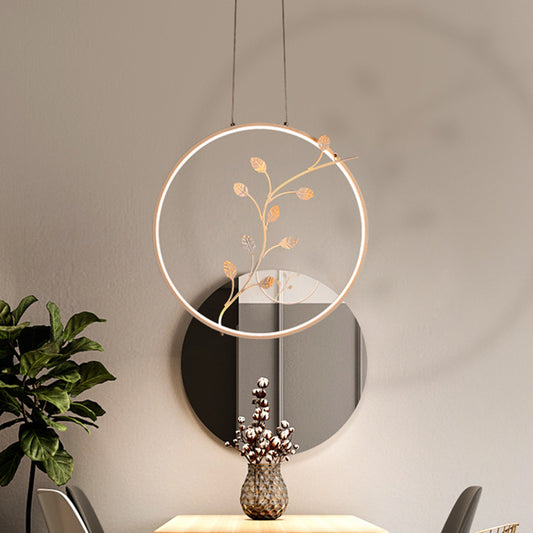 Ring Acrylic Hanging Light Minimalist LED White Suspension Lamp with Branch Deco in Warm/White Light White Clearhalo 'Ceiling Lights' 'Modern Pendants' 'Modern' 'Pendant Lights' 'Pendants' Lighting' 616039