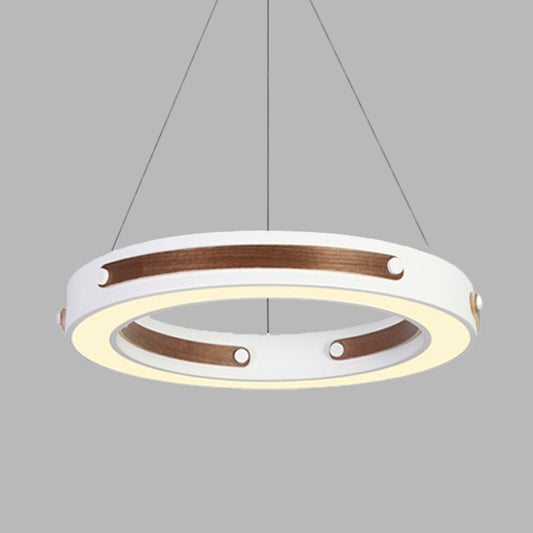 Iron Round Hanging Lighting Modernist LED White Pendant Ceiling Lamp with Wood Detail in Warm/White Light, 21.5"/27.5" Dia Clearhalo 'Ceiling Lights' 'Modern Pendants' 'Modern' 'Pendant Lights' 'Pendants' Lighting' 616062