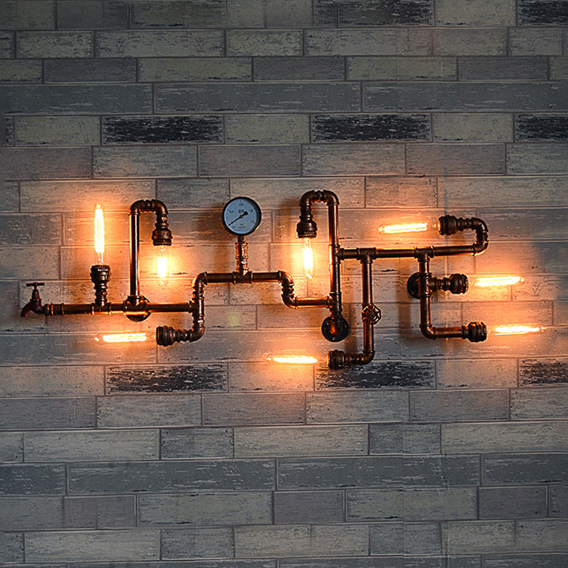 Maze Design Metal Wall Lighting with Pressure Gauge Steampunk 8-Light Bathroom Wall Sconce in Bronze Clearhalo 'Art deco wall lights' 'Cast Iron' 'Glass' 'Industrial wall lights' 'Industrial' 'Middle century wall lights' 'Modern' 'Rustic wall lights' 'Tiffany' 'Traditional wall lights' 'Wall Lamps & Sconces' 'Wall Lights' Lighting' 616158