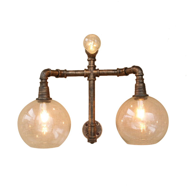 Glass Clear Wall Mounted Light Global Shade 2/3 Lights Vintage Style Wall Sconce Lighting with Pipe for Living Room Clearhalo 'Cast Iron' 'Glass' 'Industrial wall lights' 'Industrial' 'Middle century wall lights' 'Modern' 'Tiffany' 'Traditional wall lights' 'Wall Lamps & Sconces' 'Wall Lights' Lighting' 616174
