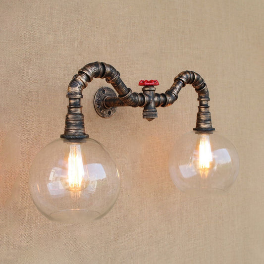Glass Clear Wall Mounted Light Global Shade 2/3 Lights Vintage Style Wall Sconce Lighting with Pipe for Living Room 2.0 Clear Clearhalo 'Cast Iron' 'Glass' 'Industrial wall lights' 'Industrial' 'Middle century wall lights' 'Modern' 'Tiffany' 'Traditional wall lights' 'Wall Lamps & Sconces' 'Wall Lights' Lighting' 616176