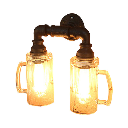 Glass Beer Mug Wall Lighting Antique Stylish 1 Light Hallway Wall Mount Light with Water Pipe in Bronze/Black Clearhalo 'Cast Iron' 'Glass' 'Industrial wall lights' 'Industrial' 'Middle century wall lights' 'Modern' 'Tiffany' 'Traditional wall lights' 'Wall Lamps & Sconces' 'Wall Lights' Lighting' 616184