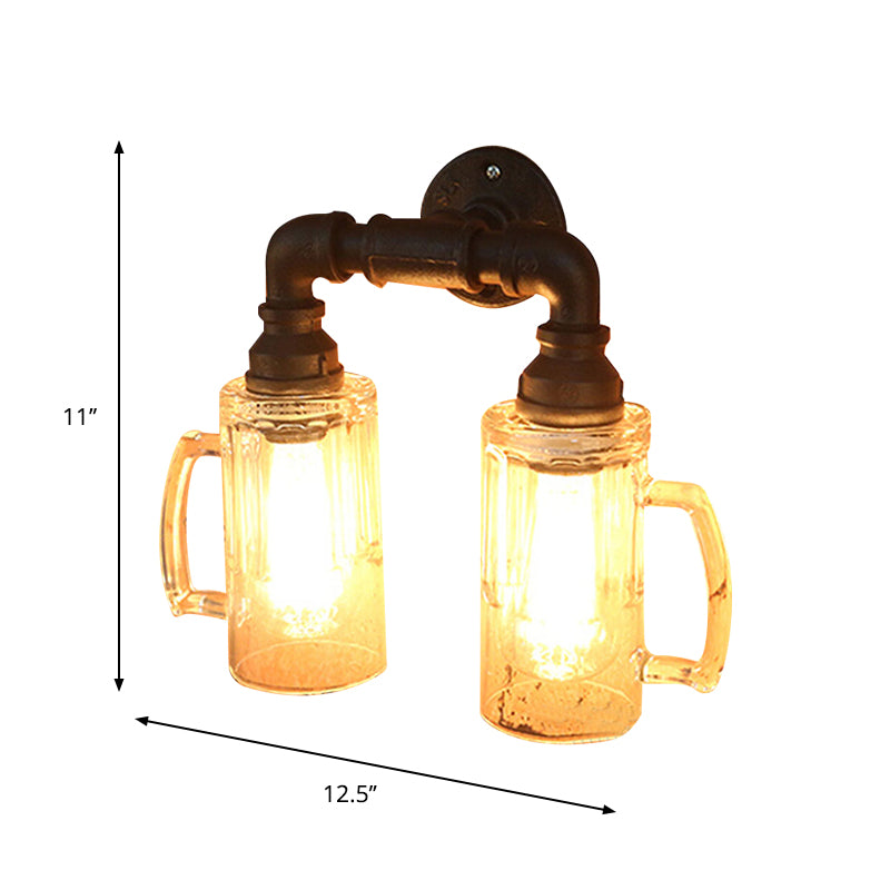 Glass Beer Mug Wall Lighting Antique Stylish 1 Light Hallway Wall Mount Light with Water Pipe in Bronze/Black Clearhalo 'Cast Iron' 'Glass' 'Industrial wall lights' 'Industrial' 'Middle century wall lights' 'Modern' 'Tiffany' 'Traditional wall lights' 'Wall Lamps & Sconces' 'Wall Lights' Lighting' 616185