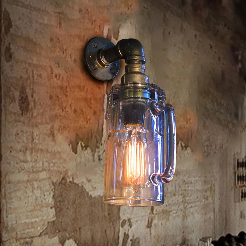 Glass Beer Mug Wall Lighting Antique Stylish 1 Light Hallway Wall Mount Light with Water Pipe in Bronze/Black Clearhalo 'Cast Iron' 'Glass' 'Industrial wall lights' 'Industrial' 'Middle century wall lights' 'Modern' 'Tiffany' 'Traditional wall lights' 'Wall Lamps & Sconces' 'Wall Lights' Lighting' 616187