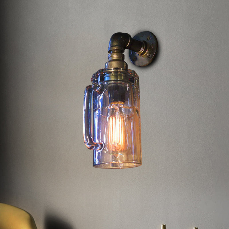 Glass Beer Mug Wall Lighting Antique Stylish 1 Light Hallway Wall Mount Light with Water Pipe in Bronze/Black Clearhalo 'Cast Iron' 'Glass' 'Industrial wall lights' 'Industrial' 'Middle century wall lights' 'Modern' 'Tiffany' 'Traditional wall lights' 'Wall Lamps & Sconces' 'Wall Lights' Lighting' 616188