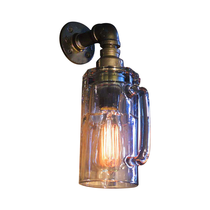 Glass Beer Mug Wall Lighting Antique Stylish 1 Light Hallway Wall Mount Light with Water Pipe in Bronze/Black Clearhalo 'Cast Iron' 'Glass' 'Industrial wall lights' 'Industrial' 'Middle century wall lights' 'Modern' 'Tiffany' 'Traditional wall lights' 'Wall Lamps & Sconces' 'Wall Lights' Lighting' 616189