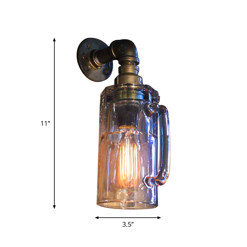 Glass Beer Mug Wall Lighting Antique Stylish 1 Light Hallway Wall Mount Light with Water Pipe in Bronze/Black Clearhalo 'Cast Iron' 'Glass' 'Industrial wall lights' 'Industrial' 'Middle century wall lights' 'Modern' 'Tiffany' 'Traditional wall lights' 'Wall Lamps & Sconces' 'Wall Lights' Lighting' 616190