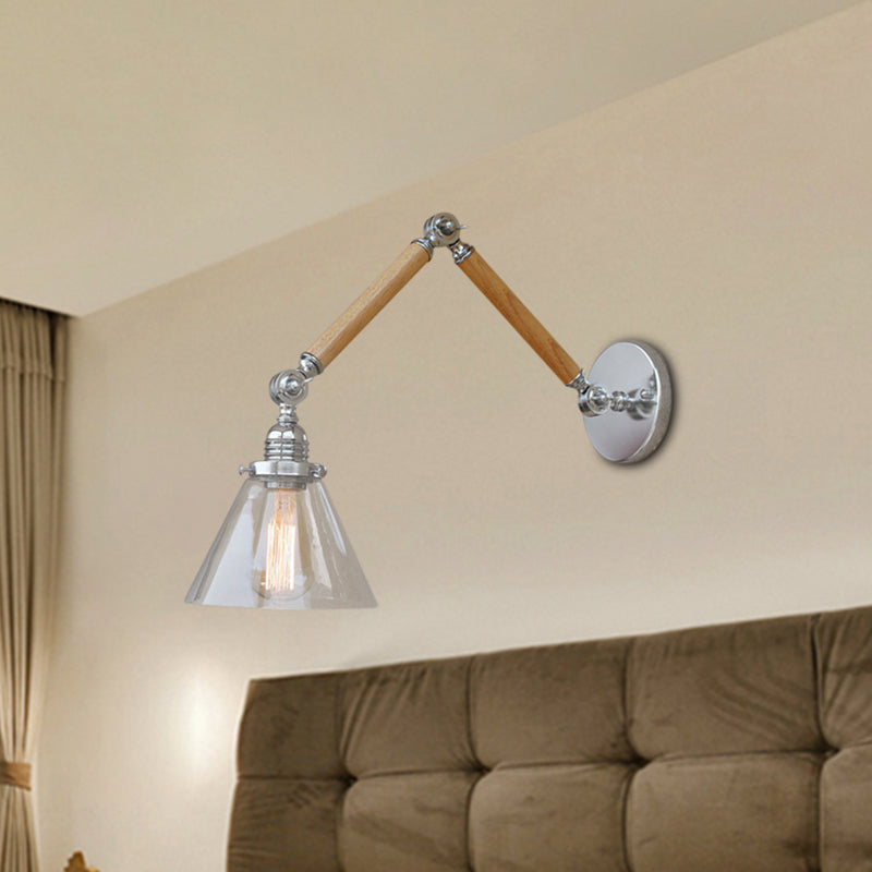 Cone Bedside Sconce Light Fixture Vintage Style Clear Glass 1 Light Chrome Wall Lamp, 8"+8"/6"+6"/8"+4" Wooden Arm Clear Clearhalo 'Art deco wall lights' 'Cast Iron' 'Glass' 'Industrial wall lights' 'Industrial' 'Middle century wall lights' 'Modern' 'Rustic wall lights' 'Tiffany' 'Traditional wall lights' 'Wall Lamps & Sconces' 'Wall Lights' Lighting' 616191