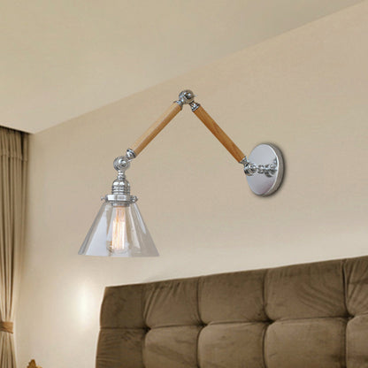 Cone Bedside Sconce Light Fixture Vintage Style Clear Glass 1 Light Chrome Wall Lamp, 8"+8"/6"+6"/8"+4" Wooden Arm Clear Clearhalo 'Art deco wall lights' 'Cast Iron' 'Glass' 'Industrial wall lights' 'Industrial' 'Middle century wall lights' 'Modern' 'Rustic wall lights' 'Tiffany' 'Traditional wall lights' 'Wall Lamps & Sconces' 'Wall Lights' Lighting' 616191