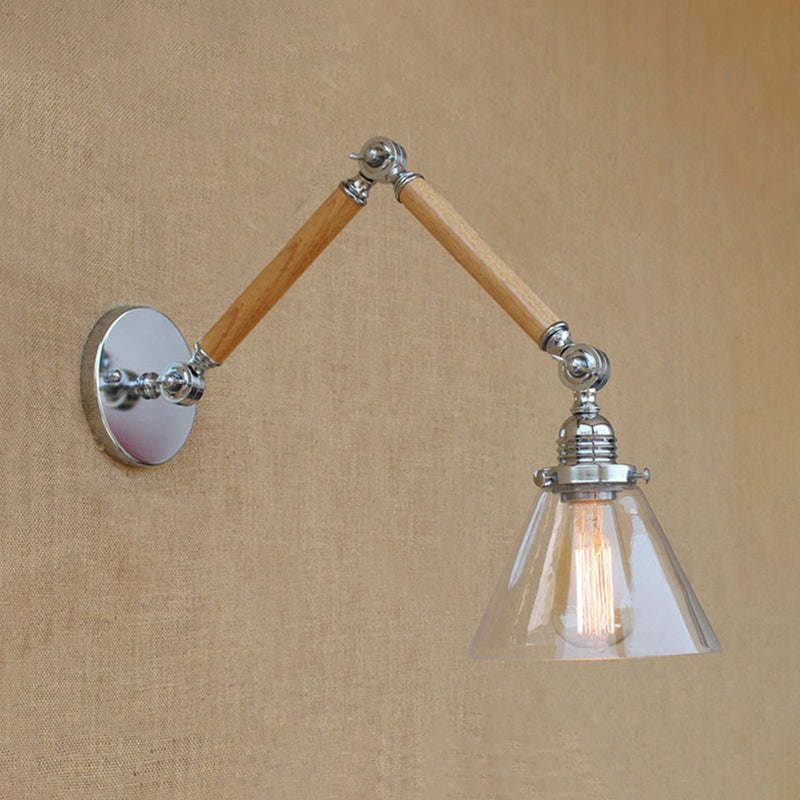 Cone Bedside Sconce Light Fixture Vintage Style Clear Glass 1 Light Chrome Wall Lamp, 8"+8"/6"+6"/8"+4" Wooden Arm Clearhalo 'Art deco wall lights' 'Cast Iron' 'Glass' 'Industrial wall lights' 'Industrial' 'Middle century wall lights' 'Modern' 'Rustic wall lights' 'Tiffany' 'Traditional wall lights' 'Wall Lamps & Sconces' 'Wall Lights' Lighting' 616192