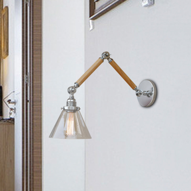 Cone Bedside Sconce Light Fixture Vintage Style Clear Glass 1 Light Chrome Wall Lamp, 8"+8"/6"+6"/8"+4" Wooden Arm Clearhalo 'Art deco wall lights' 'Cast Iron' 'Glass' 'Industrial wall lights' 'Industrial' 'Middle century wall lights' 'Modern' 'Rustic wall lights' 'Tiffany' 'Traditional wall lights' 'Wall Lamps & Sconces' 'Wall Lights' Lighting' 616193