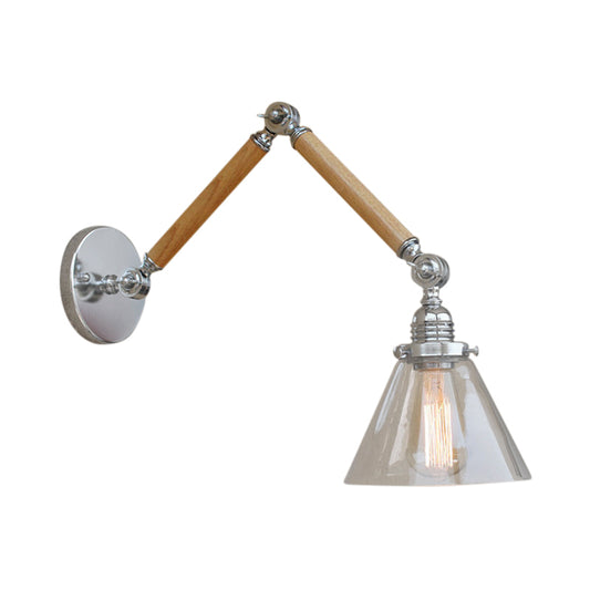 Cone Bedside Sconce Light Fixture Vintage Style Clear Glass 1 Light Chrome Wall Lamp, 8"+8"/6"+6"/8"+4" Wooden Arm Clearhalo 'Art deco wall lights' 'Cast Iron' 'Glass' 'Industrial wall lights' 'Industrial' 'Middle century wall lights' 'Modern' 'Rustic wall lights' 'Tiffany' 'Traditional wall lights' 'Wall Lamps & Sconces' 'Wall Lights' Lighting' 616194