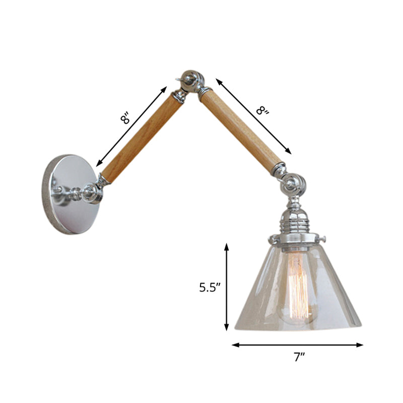Cone Bedside Sconce Light Fixture Vintage Style Clear Glass 1 Light Chrome Wall Lamp, 8"+8"/6"+6"/8"+4" Wooden Arm Clearhalo 'Art deco wall lights' 'Cast Iron' 'Glass' 'Industrial wall lights' 'Industrial' 'Middle century wall lights' 'Modern' 'Rustic wall lights' 'Tiffany' 'Traditional wall lights' 'Wall Lamps & Sconces' 'Wall Lights' Lighting' 616195
