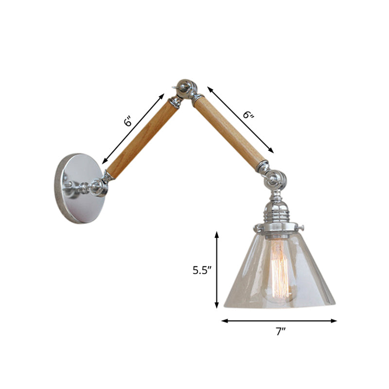 Cone Bedside Sconce Light Fixture Vintage Style Clear Glass 1 Light Chrome Wall Lamp, 8"+8"/6"+6"/8"+4" Wooden Arm Clearhalo 'Art deco wall lights' 'Cast Iron' 'Glass' 'Industrial wall lights' 'Industrial' 'Middle century wall lights' 'Modern' 'Rustic wall lights' 'Tiffany' 'Traditional wall lights' 'Wall Lamps & Sconces' 'Wall Lights' Lighting' 616196